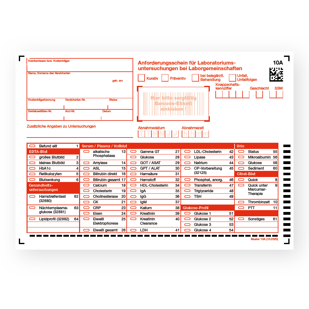 Muster 10a - Anforderungsschein f. Laboratoriumsuntersuchungen bei Laborgemeinschaften