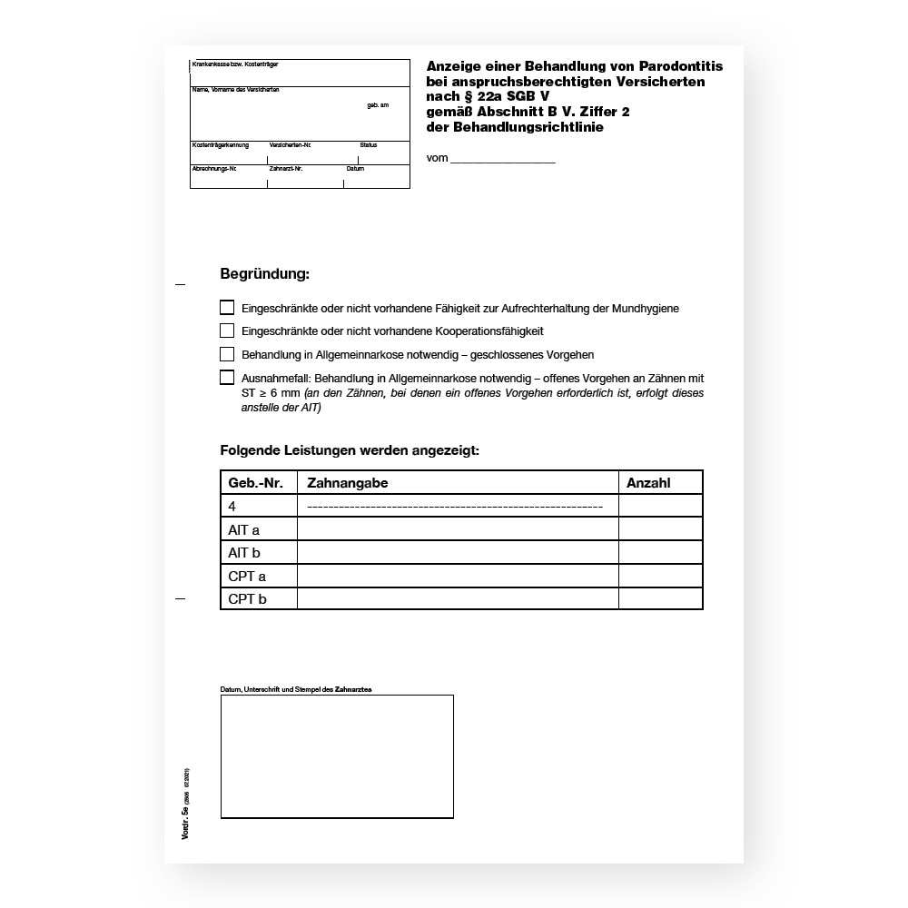 Z 505 - Anzeige einer Behandlung von Paradontitis § 22a SGB V