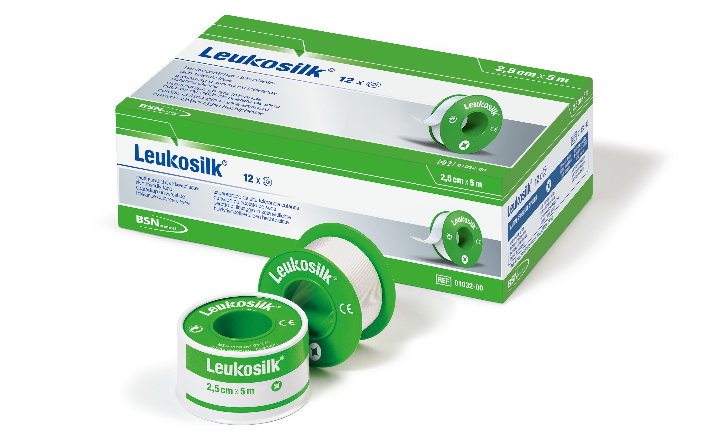 Leukosilk 2,5cm x 5m mit Eurolasche PK 12 weiße Acetatseide, im Schutzring