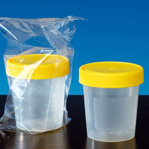 Urinbecher m. Schraubdeckel gelb 125ml AP 150 einzeln steril, beschriftbar
